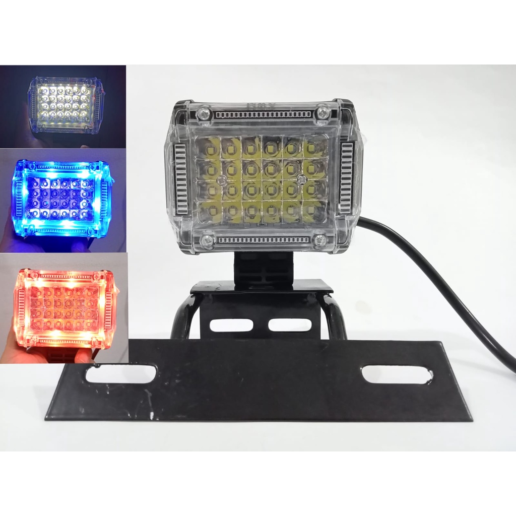 LAMPU TEMBAK/LAMPU SOROT LED 24 MATA PUTIH SENJA BIRU+RED FLASH+BREKET RX KING UNIVERSAL (4704)