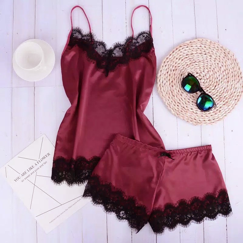 Blackpink Lingerie Sexy  Baju Celana Set Santai Casual Tidur Wanita Import Piyama Gaun Malam Satin Sleepwear Bahan Silk Set Pakain Wanita 1162-WINE RED