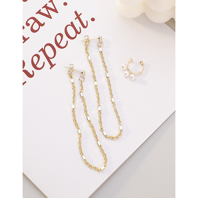 LRC Anting Tusuk Fashion Tassel Chain Alloy Pearl Earrings Ear Clip Set  K75970