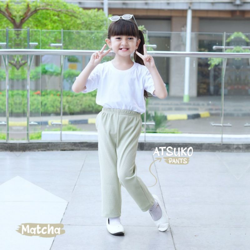 Nauree - Celana Panjang Anak Perempuan Atsuko Bahan Waffle Untuk Usia 1 2 3 4 5 6 Tahun Ukuran S M L Warna Matcha Mocca Terracotta Salem Pasta Maoon Polos Elastis Katun Warna Warni Kualitas Baik Lucu Murah Fashion