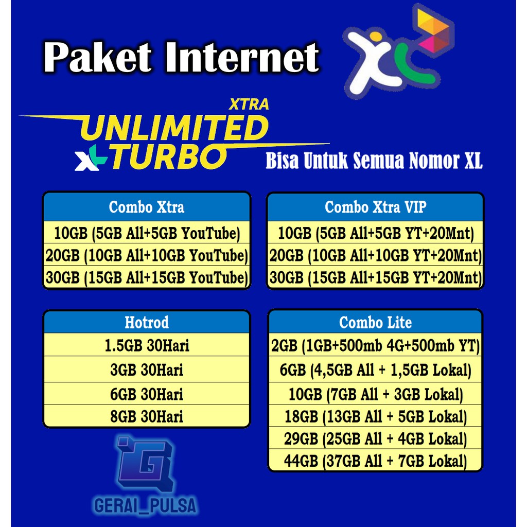 XL Paket Data Xtra Combo Lite Plus Kuota Combo Flex Vip Internet Hotrod Inject &amp; Voucher 3GB ~ 125GB