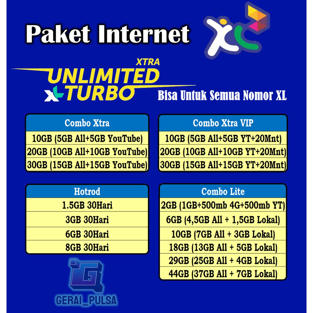 XL Paket Data Xtra Combo Lite Plus Kuota Combo Flex Vip Internet Hotrod Inject & Voucher 3GB ~ 125GB