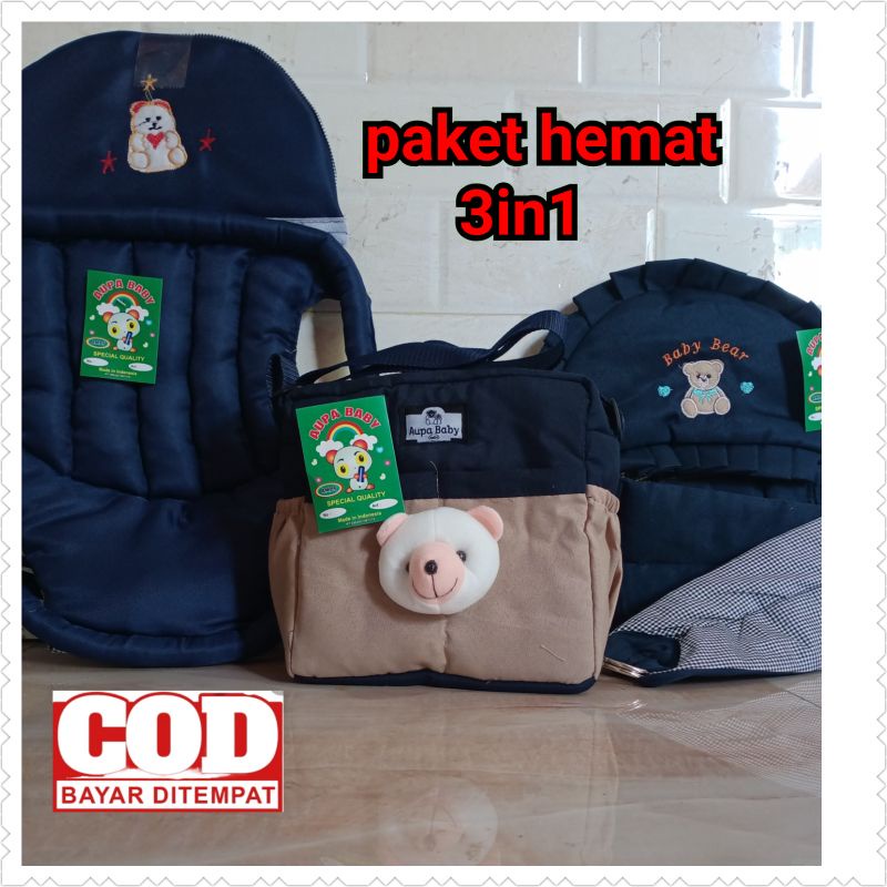 Paket Hemat 3in1 Gendongan bayi depan bordir Tas Bayi Beruang dan Gendongan bayi Samping bordir