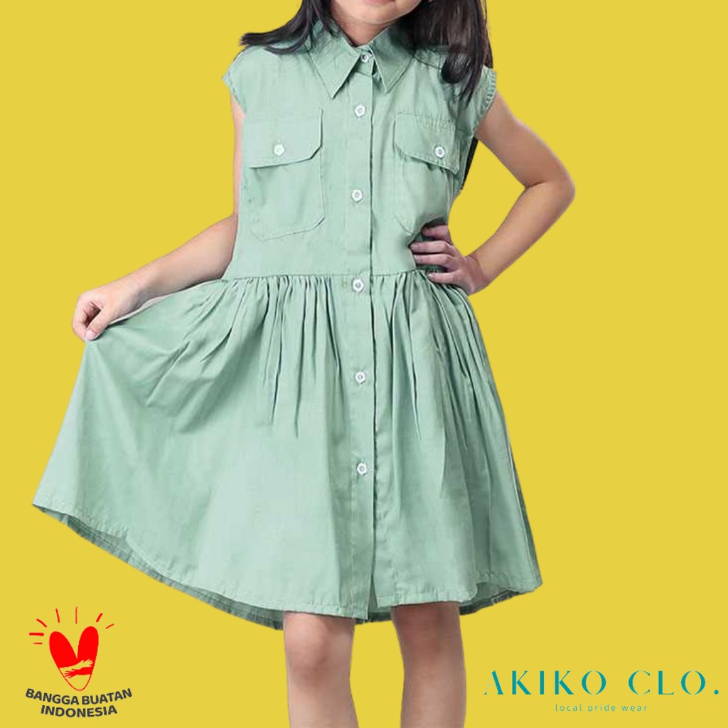 Dress Anak Perempuan Hijau Mint Polos Bhn Katun Lembut Anti Gerah Uk 4 6 8 10 Akiko Clo x Inficlo