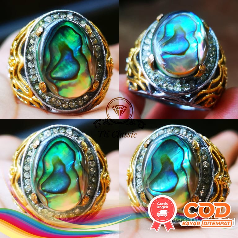 Cincin Pria Batu Natural Abalon Shel Kerang Laut Top Colour