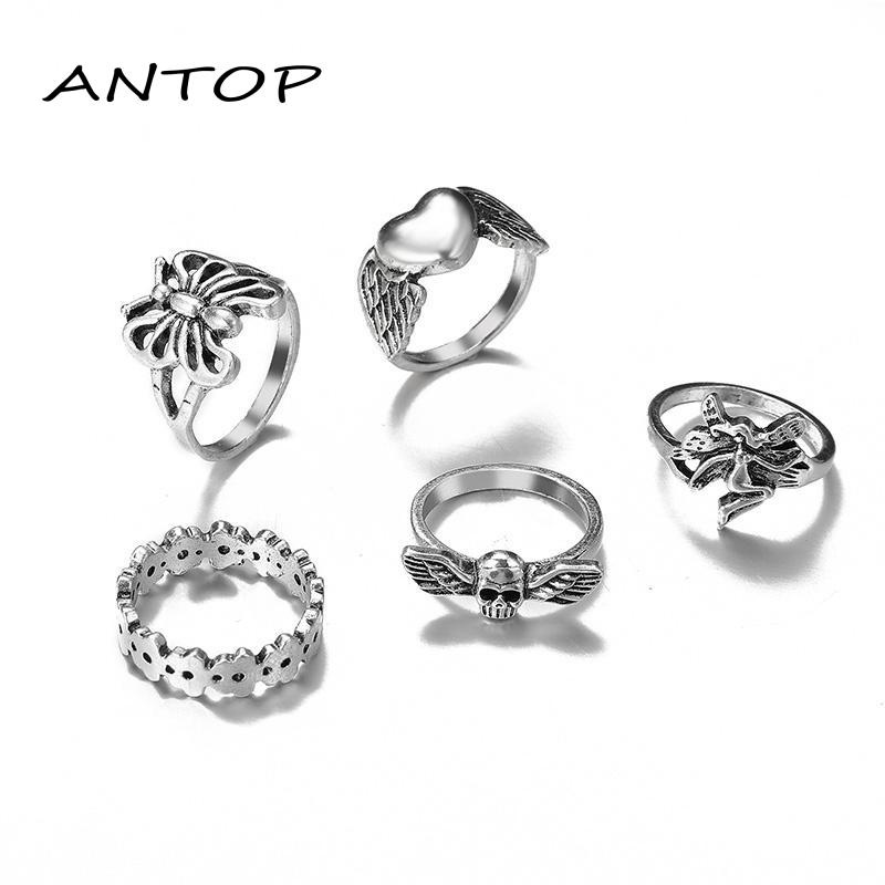 5pcs / Set Cincin Model Terbuka Desain Kerangka Kupu-Kupu Hati Hollow Out Gaya Vintage