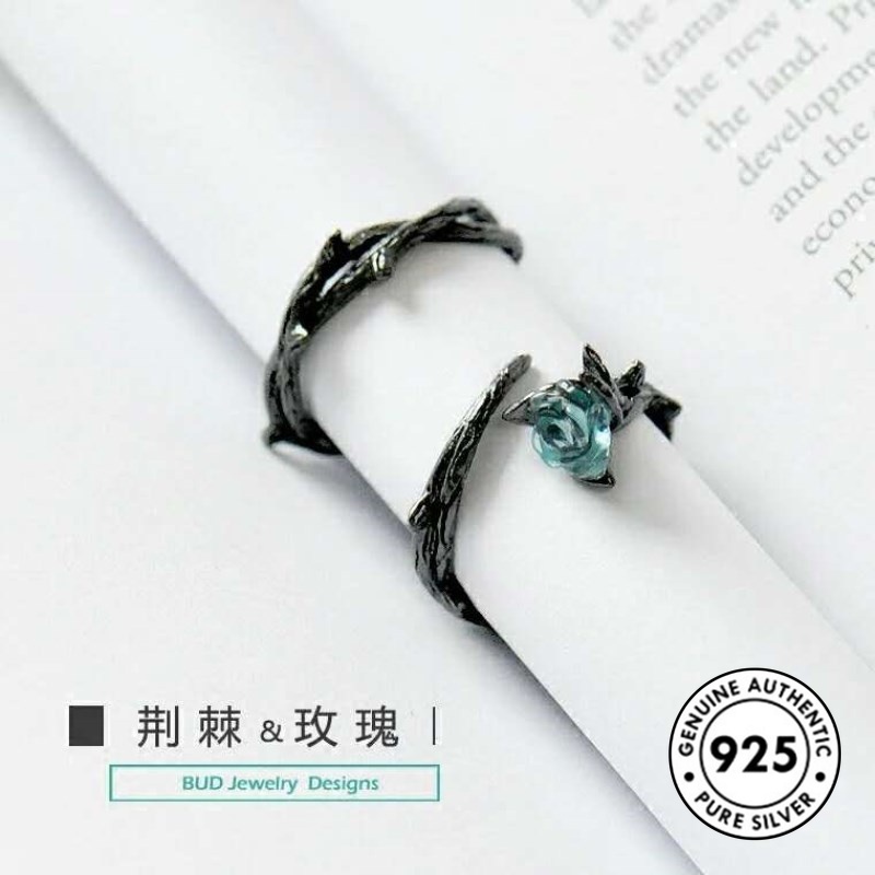 Cincin S925 Silver Desain Mawar Hitam Aksen Berlian Untuk Pasangan