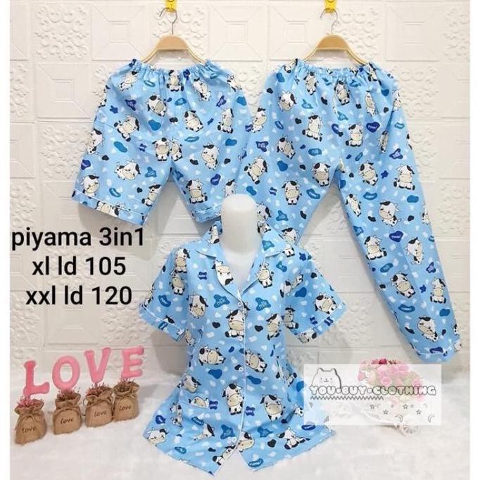 Best Seller # 3In1 Piyama Motif Sapi - Baju Tidur Wanita - Set Piyama Wanita - Merah Muda, Xxl