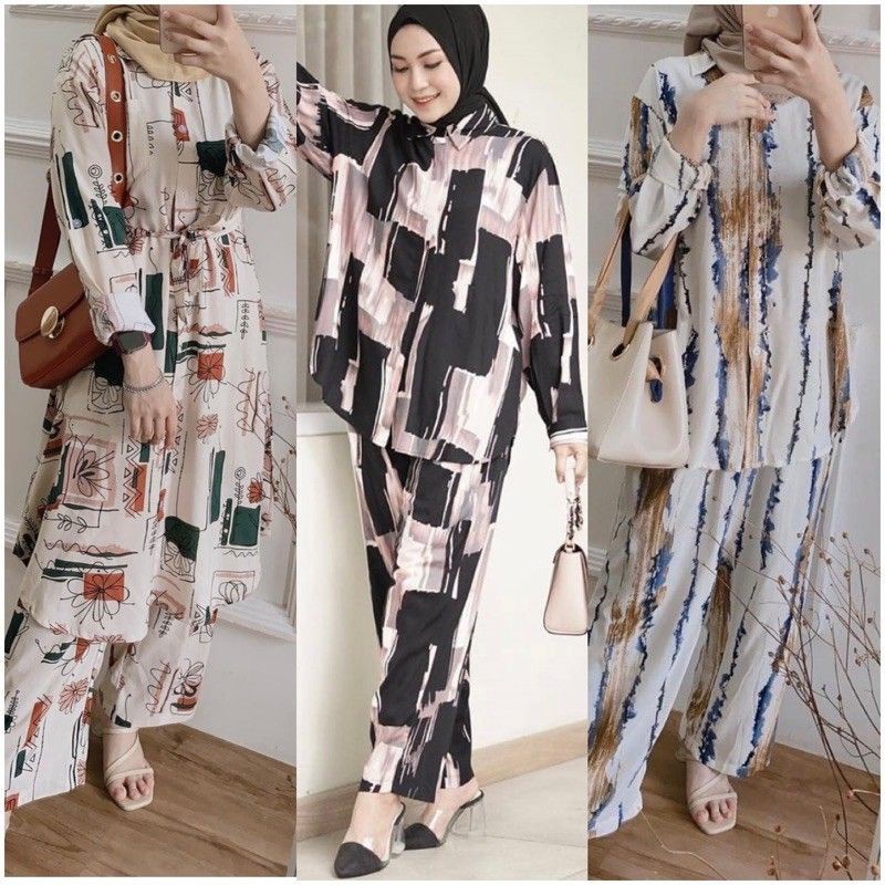 BAJU MUSLIM - SETCEL ONE SET LONG TUNIK DAN CELANA BAHAN RAYON VISCOSE ANEKA MOTIF TERBARU