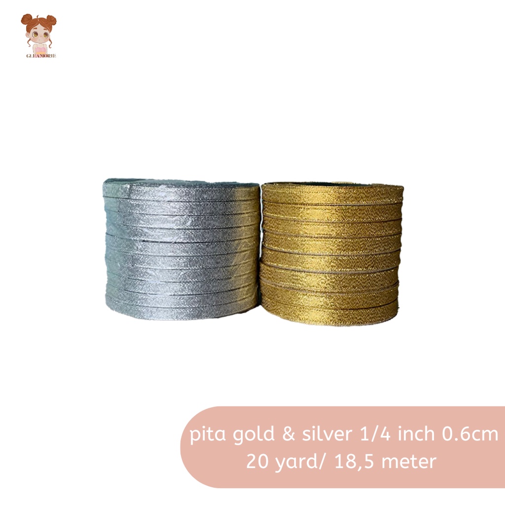 

pita gold / silver glitter 0.6cm 1/4 inch per roll 20 yard 18,4 meter grosir emas / perak