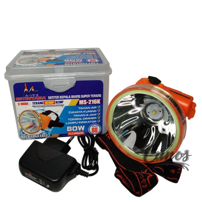 Senter Kepala Diving LED 80W Mitsuyama MS-216P / MS-216K Senter Kepala Selam LED 3 Mode Cahaya Bisa Kedip Headlamp Waterproof