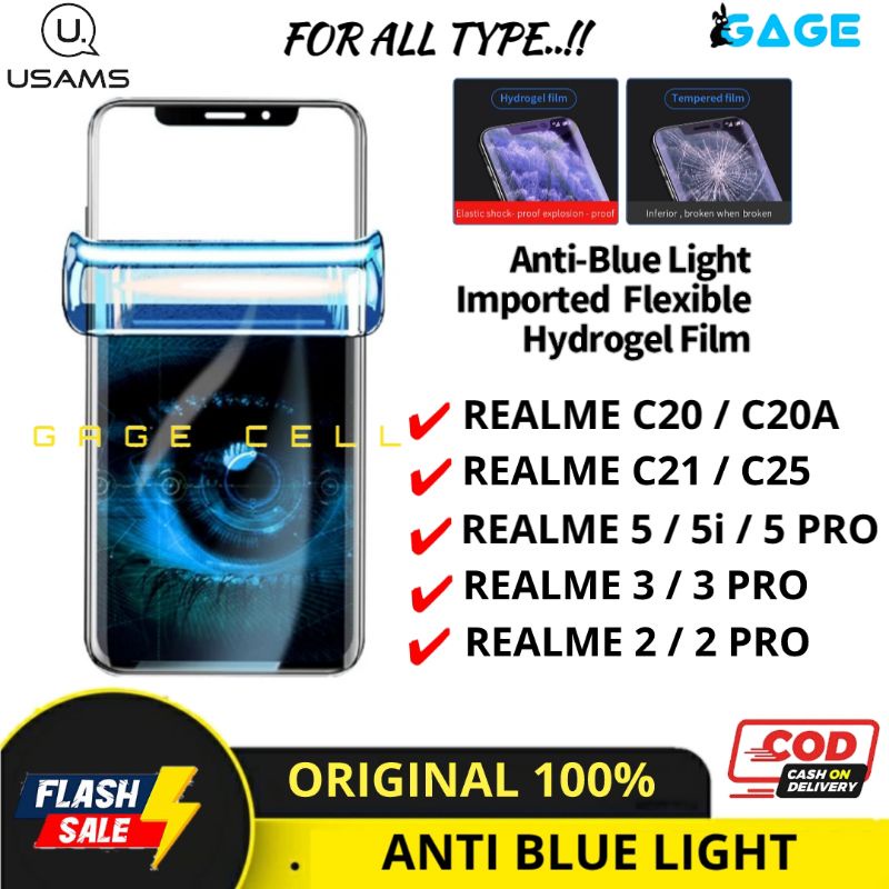 USAMS - HYDROGEL ANTI GORES BLUE LIHGT REALME C200 C20A C21 C25 5 5i 2 3 PRO FULL LAYAR RADIASI