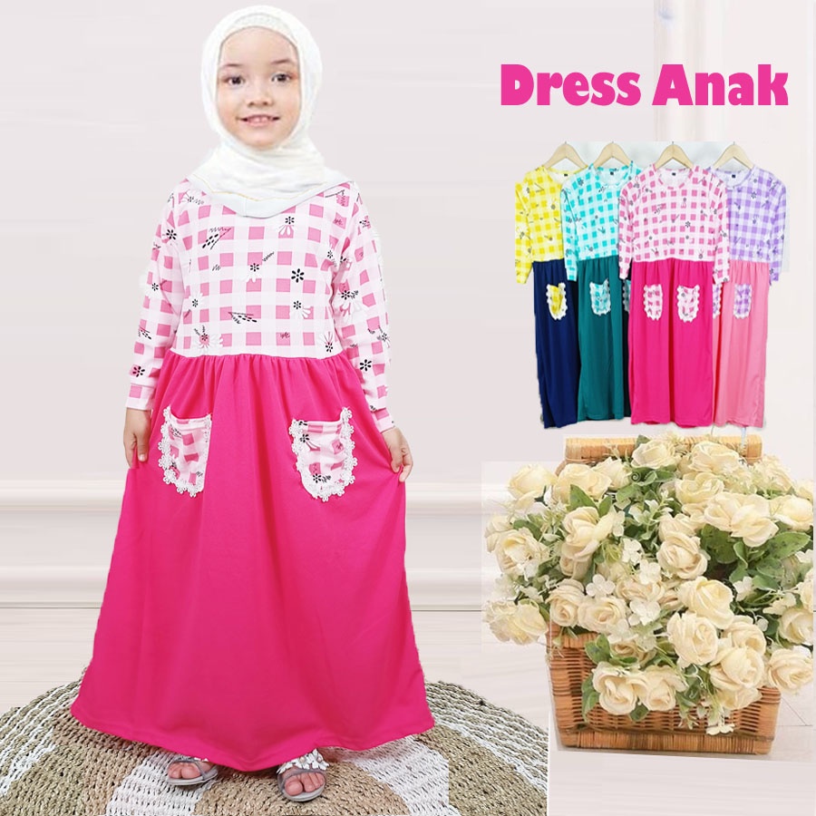 DRESS ANAK BUNGA KOTAK RENDA KANTONG DEPAN usia 2-13tahun GAMIS MURAH CARLINA