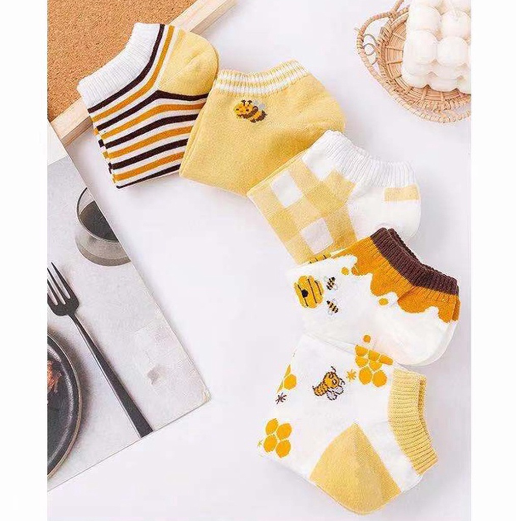 ☀ INDOLAND ☀ Kaos Kaki Wanita Motif Bunga Lebah Bee Kuning Fashion Korea Women Sock Import KK002