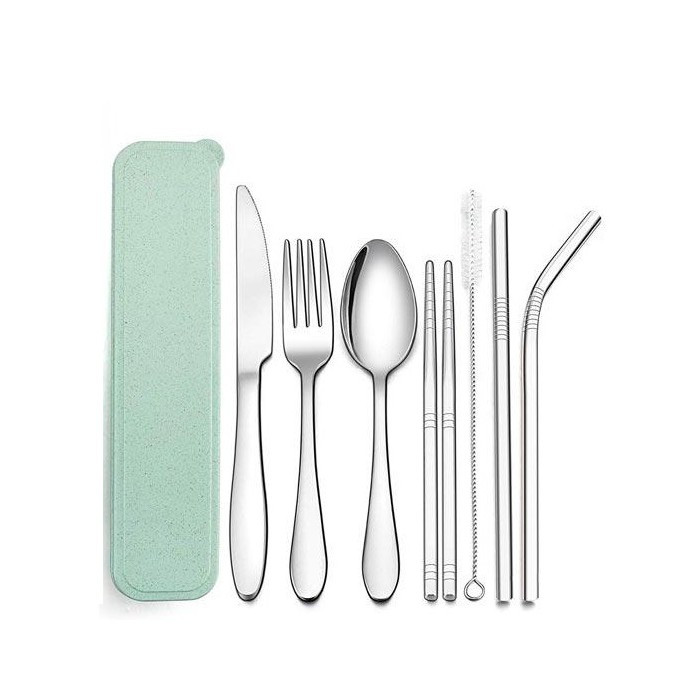 Cutlery Set Travel Paket Alat Makan Sendok Garpu Pisau Sumpit Sikat Pembersih Sedotan Stainless