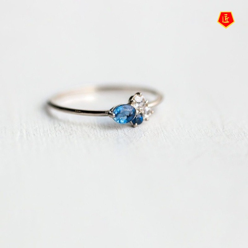 [Ready Stock]18K Gold Three Ring Set Inlaid Topaz Sea Blue Gem Simple and Elegant