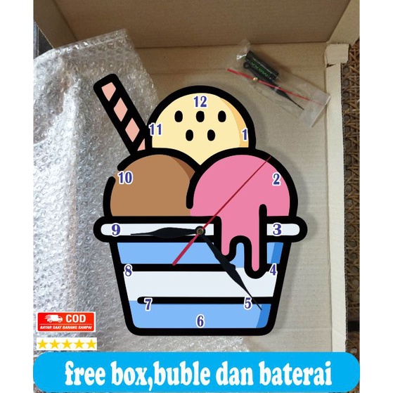 JAM DINDING BESAR LUCU UNIK KARTUN KARAKTER GAMBAR ICE CREAM DEKORASI DINDING MINIMALIS ARTISTIK ANIMASI ANAK MODERN MEWAH BAGUS ANTIK KWALITAS TERBAIK PALING LARIS