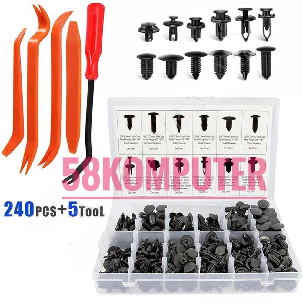 Jepit Bemper Klip Penahan Bumper Mobil  Baut Rivet Mobil Universal Clips 240pcs+5pcs Pengungkit Set Kancing Klip Cilip Baut Rivet Mobil Universal