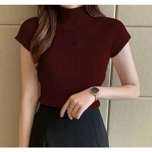 PRETTY Rajut Wanita TURTLENECK Lengan Pendek