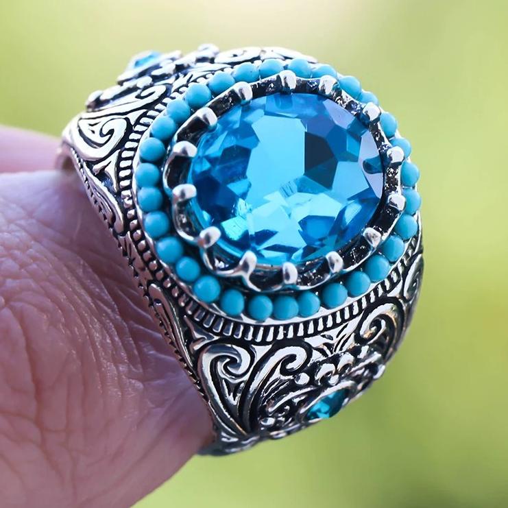 Best BBSYQ Cincin Batu Akik pria Permata Motif Biru Anti Luntur Cicin Couple Titanium W82 Ready Stoc