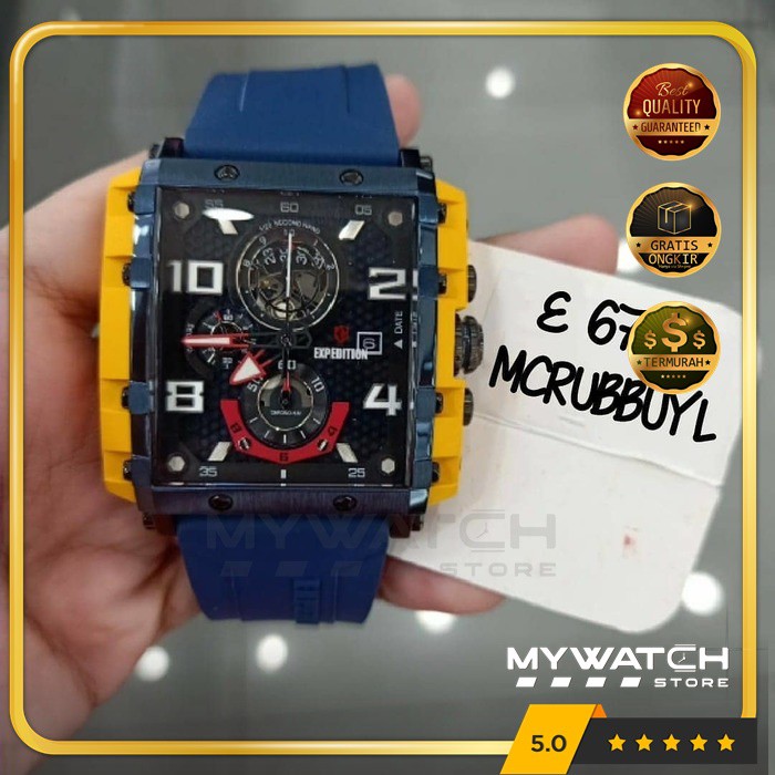 Jam Tangan Expedition Pria E 6757 E6757 Blue Yellow Rubber Garansi Resmi