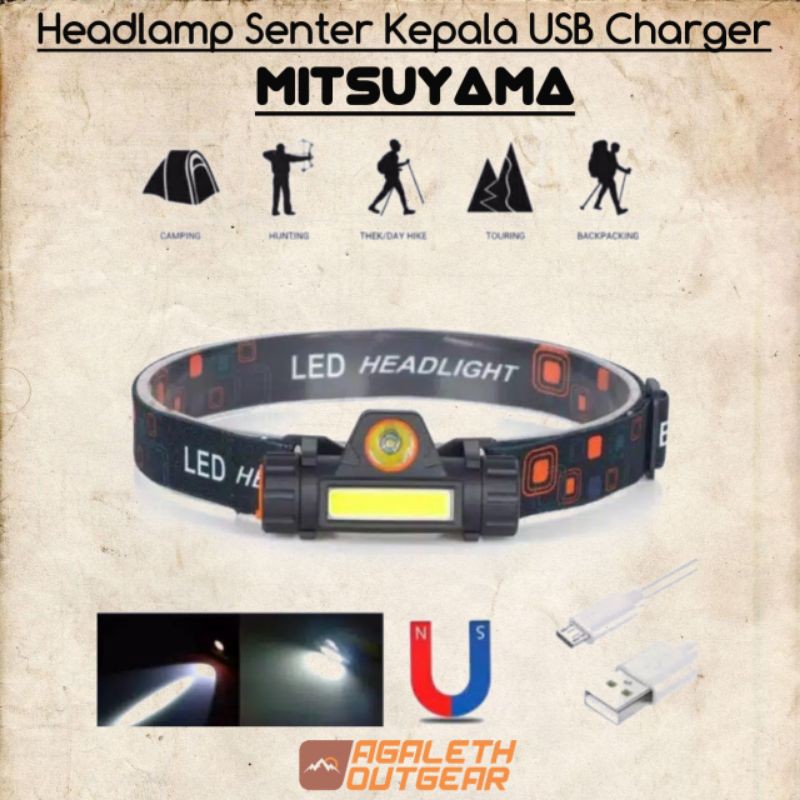 Headlamp Senter Kepala USB Charger Lampu Camping