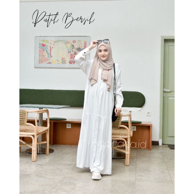 Dress Polos Putih bersih katun rayon twill model rufle babydoll susun ootd hijab busui kancing