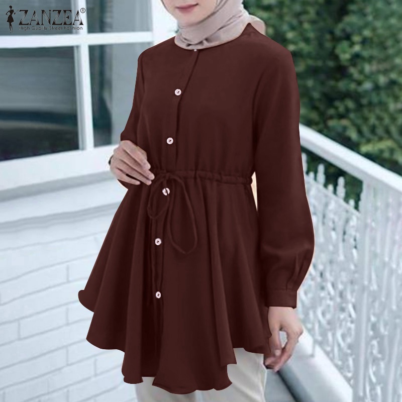 ZANZEA Women Fashion Muslim Full Sleeve Crew Neck Button Cuffs Shirt Loose Blouse