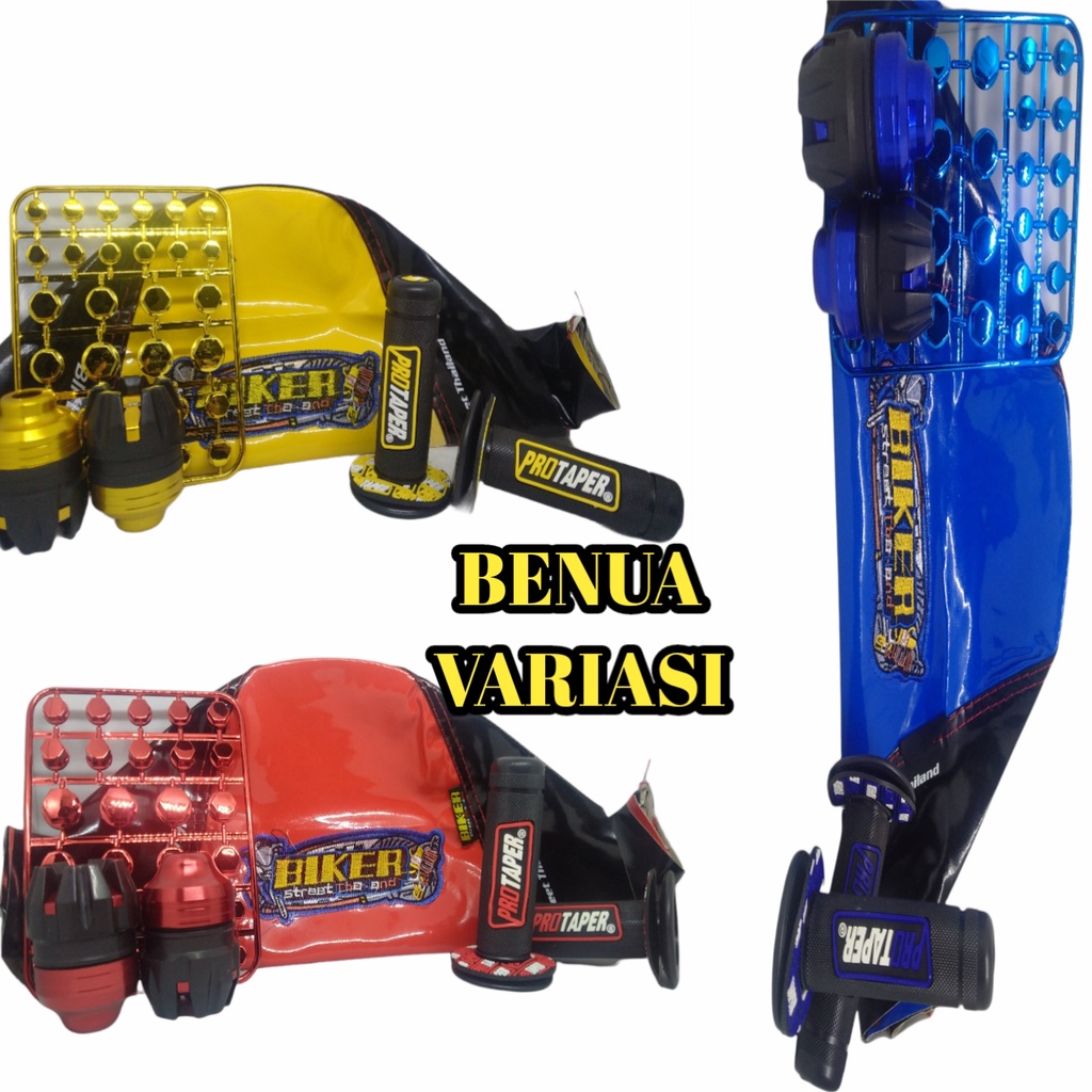 (PROMO PAKETAN) PAKETAN SARUNG JOK GLOSSY+JALU AS RODA DEPAN+HANDGRIP PROTAPER+MONEL POLOS UNIVERSAL