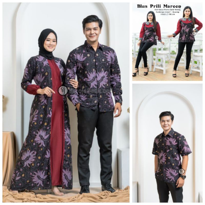 (Saroja) Couple Batik Prili Ungu Kombinasi Moscrep Batik Printing Berkualitas Original Saroja