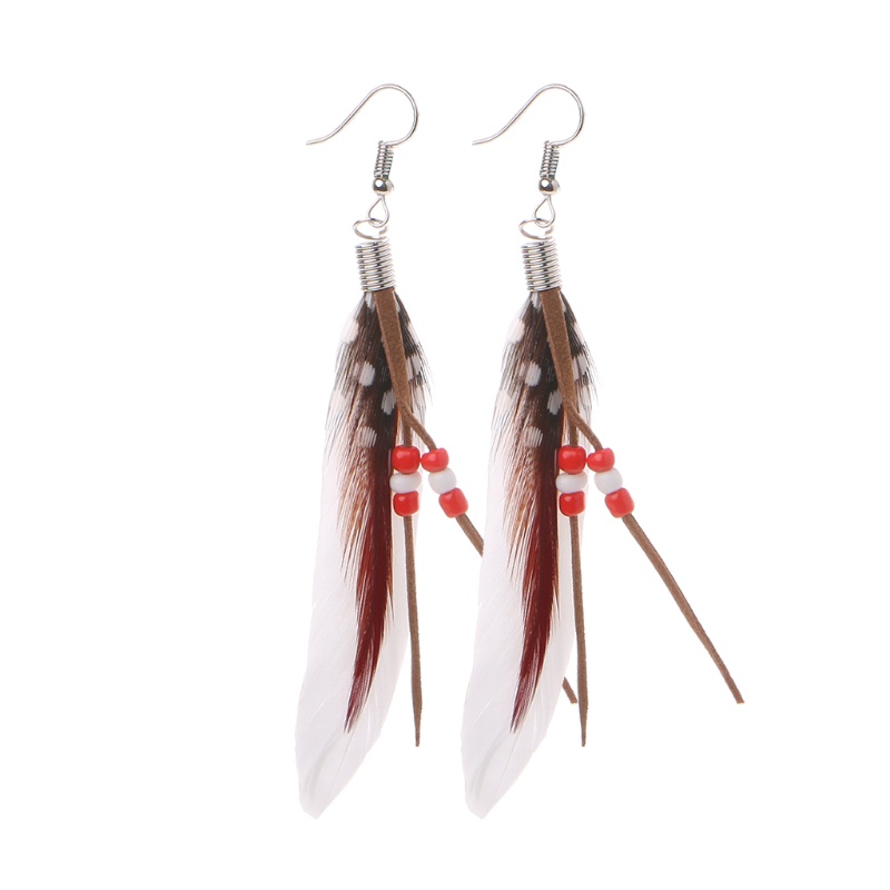 SIY  1 Pair Bohemia Handmade Natural Goose Feather Beads Tassel Dangle Earrings Women