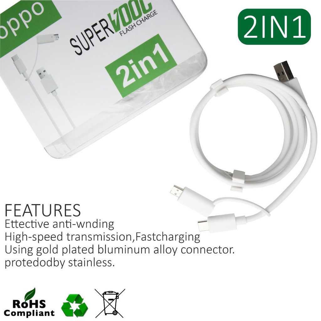 Kabel Data Oppo 2 In 1 USB &amp; Type-C /Fast Charging Super Vooc 3.0