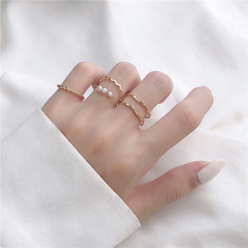 5pcs / Set Cincin Jari Telunjuk Simple Desain Gelombang Hias Mutiara