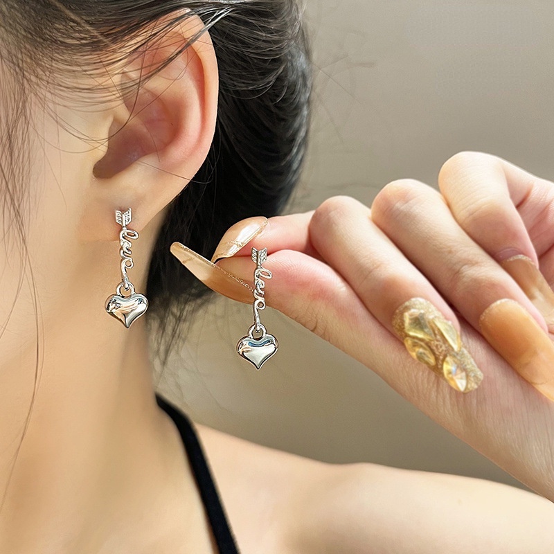 Anting S925 Silver Needle Panjang Bentuk Hati Untuk Wanita