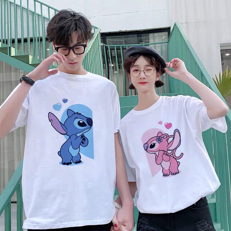 MYSTIQUE.ID-BAJU KAOS COUPLE LOVE STITCH PINK&amp;STITCH BLUE T-SHIRT LUCU DAN AESTHETIC