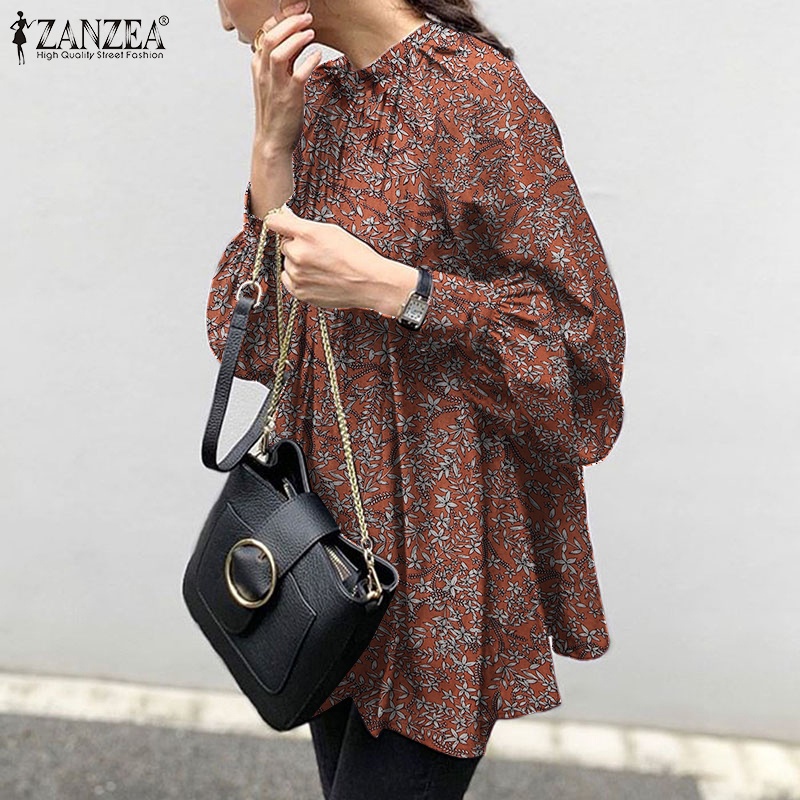 ZANZEA Women Puff Sleeve Casual Loose Back Buttons Printed Blouse