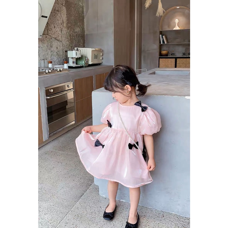 Dress Import Anak Satin PinkMuda Pita Hitam