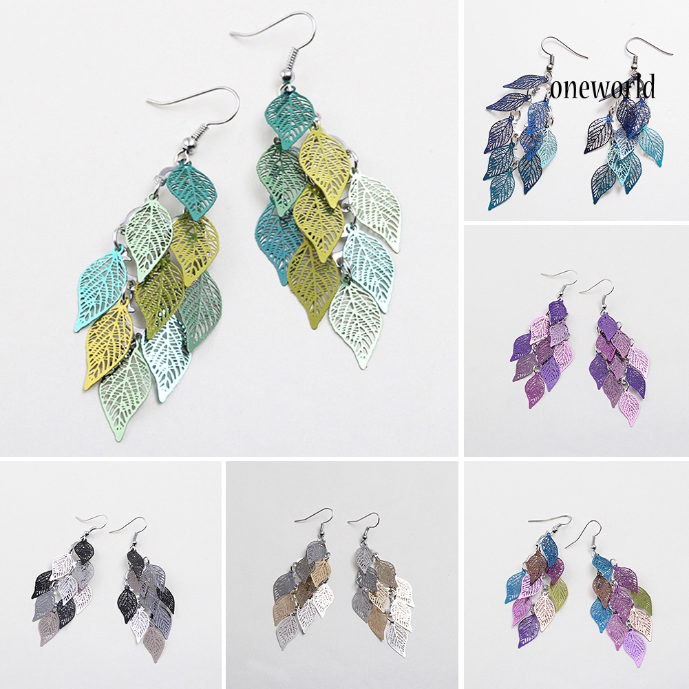 OW@ Lady Colorful Multi Layers Hollow Leaf Elegant Hook Earrings Jewelry Decor