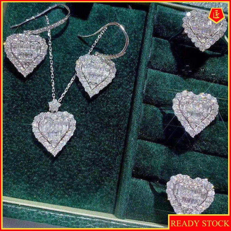 [Ready Stock]Heart-Shaped Full Diamond Pendant Moissanite Ring Earings Set