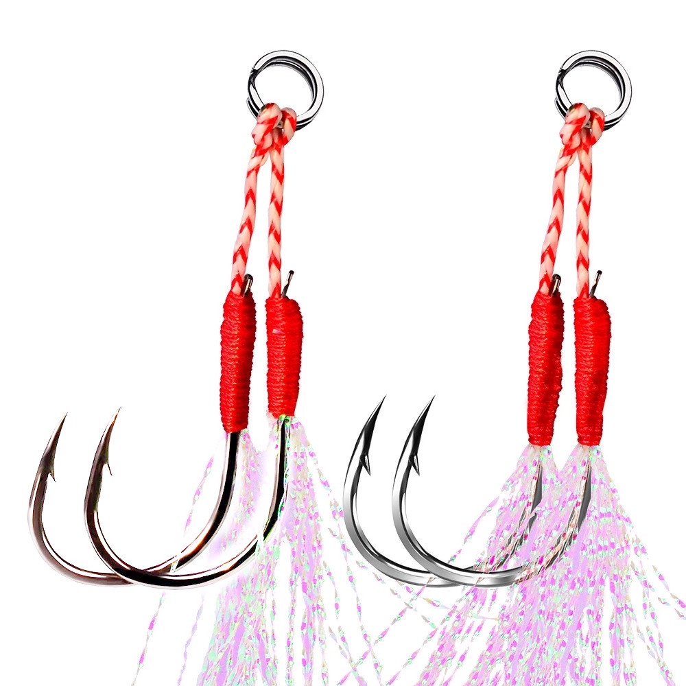 REBUY Fishing Tackle Fishing Jigging Hook Fishing Lure Jig Head Hook Double Jig Hooks Slow Jigging Fishing Hook High Carbon Steel Pesca Thread Feather Fishing Accessories Double PairHooks