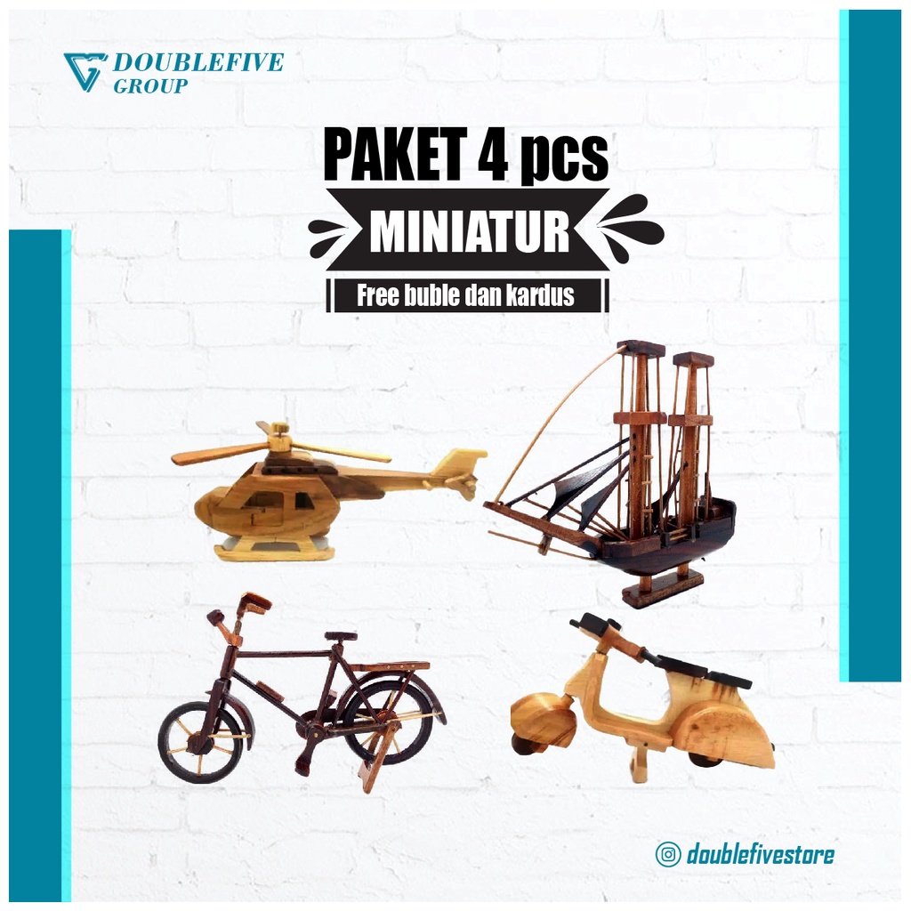 Miniature Paket K isi 4pcs - Miniatur dari kayu [Helikopter, kapal, Sepeda, Vespa]