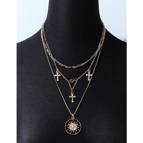 LRC Kalung Fashion Gold Color Cross Round Alloy Hollow Multilayer Y65085