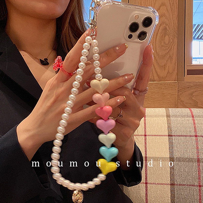 Case Transparan Motif Hati Dengan Gantungan Kunci Mutiara Untuk Iphone 11 6s 8 7 Plus SE2 XS XR 12 13 Mini PRO MAX