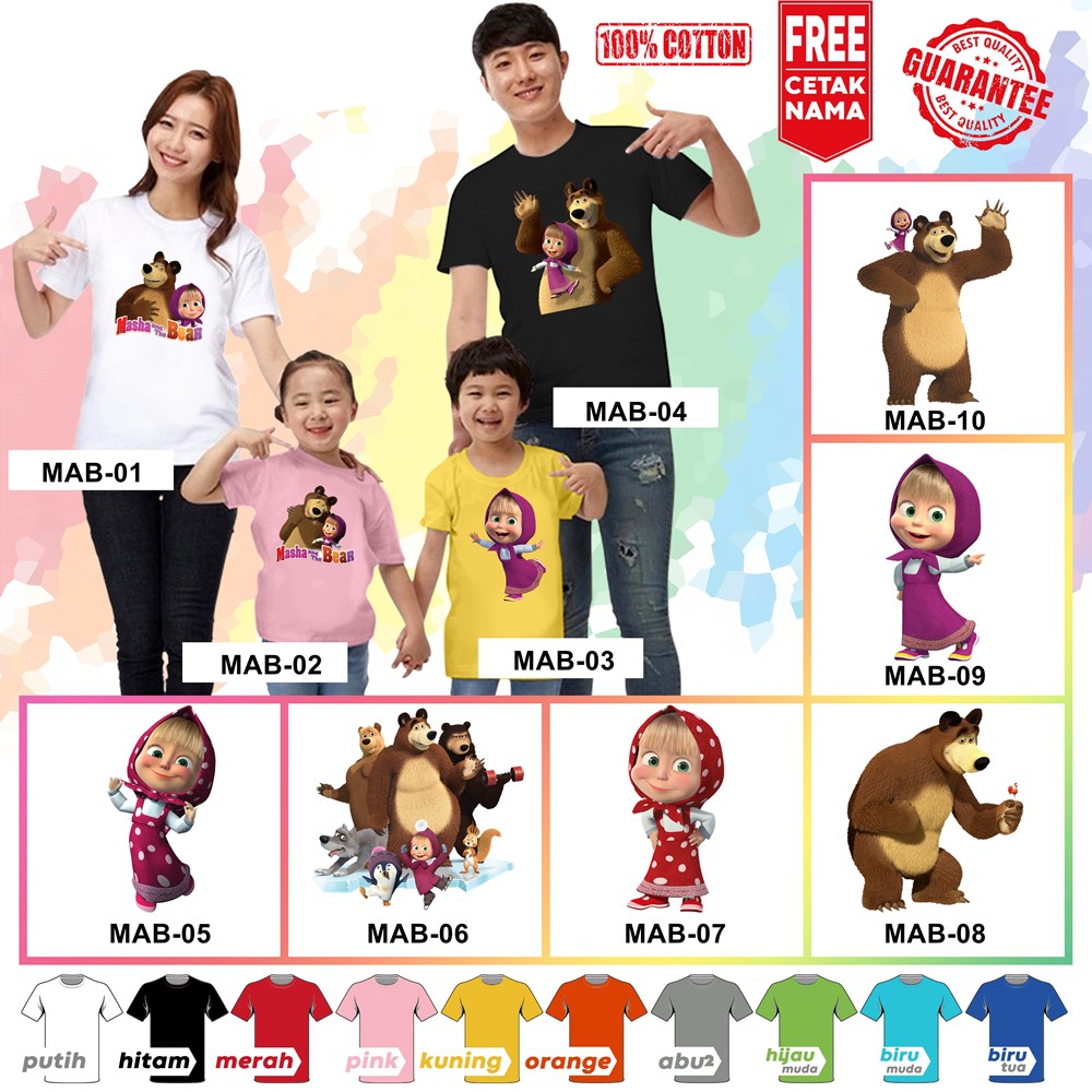 [FREE NAMA!!] Baju Kaos ANAK DAN DEWASA MASHA AND THE BEAR BANYAK MOTIF