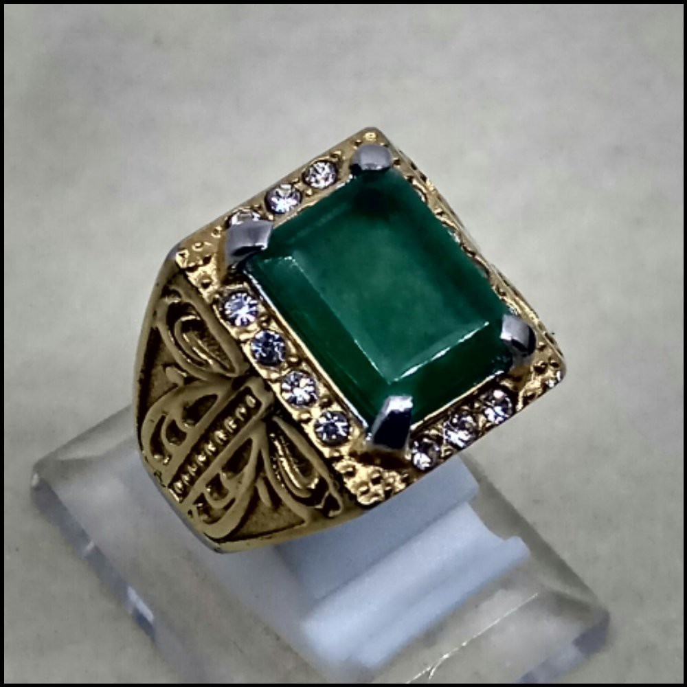 CINCIN BATU AKIK PERMATA ZAMRUD ZAMBIA CUTTING OCTAGON KWALITAS SUPER HIJAU BERSERAT