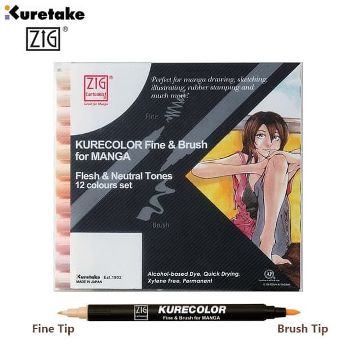 

ZIG KURETAKE KURECOLOR FINE & BRUSH FOR MANGA 12 COLOURS SET NATURAL / ALCOHOL MARKER