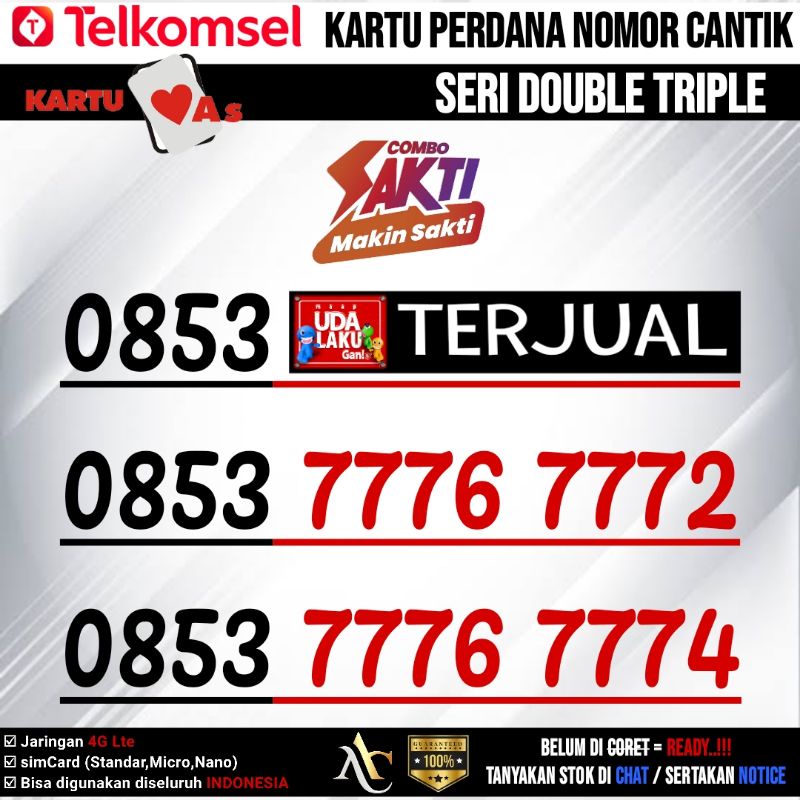 Nomor cantik Kartu As 777x 777x Telkomsel Double Triple 4G 777777 Sakti Combo
