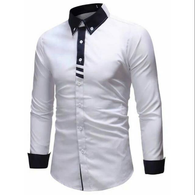 Baju / Kemeja Kevin Putih White List Hitam Lengan Panjang / Busana Pria