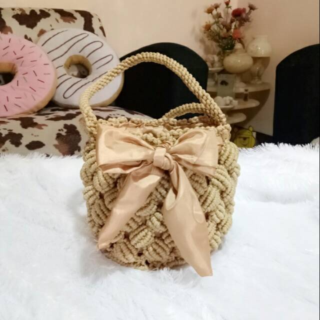 Tas Macrame / Tas Tali Kur Model Serut bulat / Tas Lucu dan unik / Tas Pesta