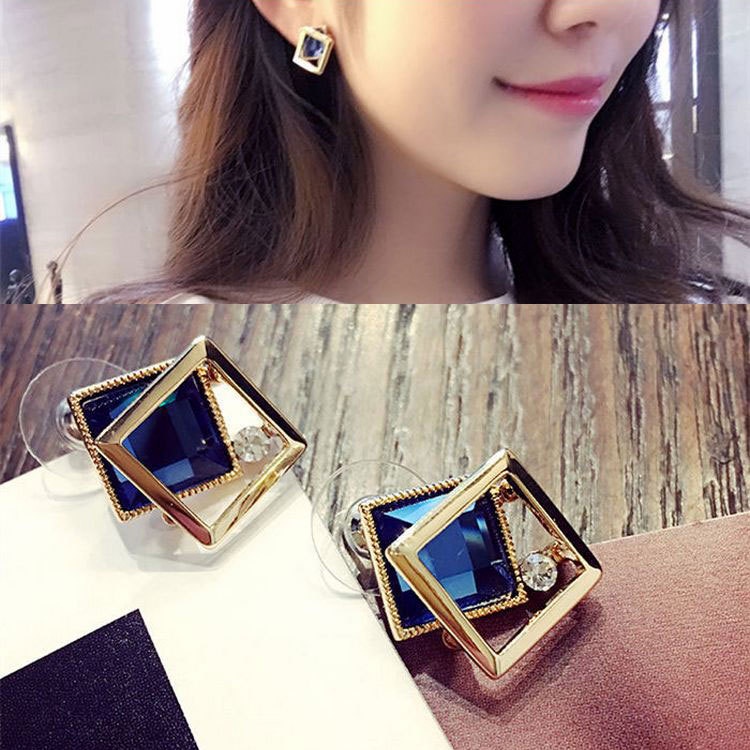 Double-layer square crystal anting-anting all-match modis elegan panjang Korea anting-anting Korea g